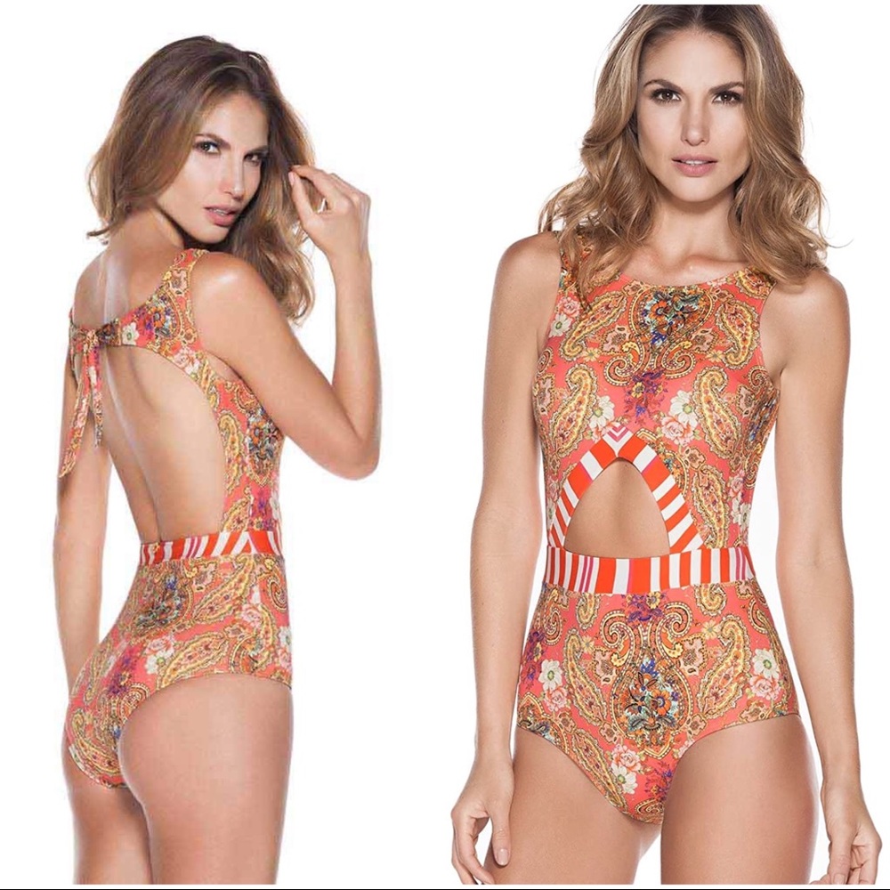Orange Paisley One-Piece w/cutouts & open back!